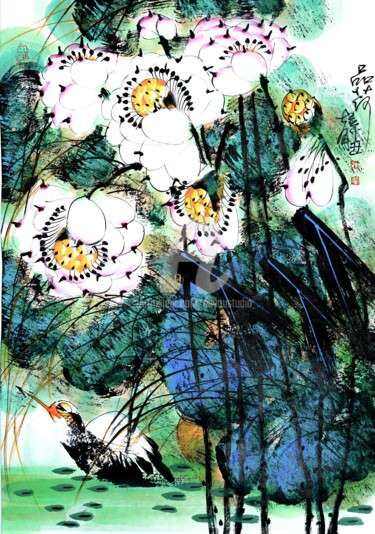 Painting titled "Listen to the lotus…" by Dayou Lu, Original Artwork, Pigments