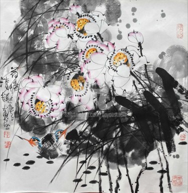 Painting titled "Fun in the lotus po…" by Dayou Lu, Original Artwork, Pigments