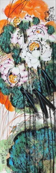 Painting titled "Lotus pond and clea…" by Dayou Lu, Original Artwork, Pigments