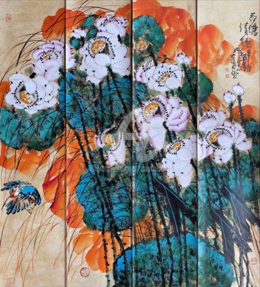 Painting titled "Fun in the lotus po…" by Dayou Lu, Original Artwork, Pigments