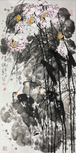 Peinture intitulée "Fun in the Lotus po…" par Dayou Lu, Œuvre d'art originale, Pigments