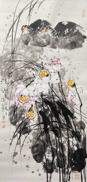 Painting titled "Fun in the Lotus po…" by Dayou Lu, Original Artwork, Pigments