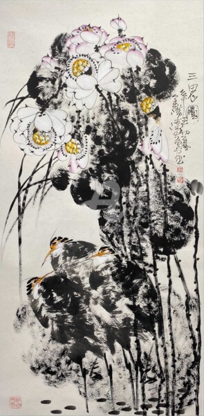 Peinture intitulée "Three Herons 三思图（No…" par Dayou Lu, Œuvre d'art originale, Encre