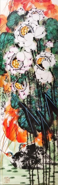 Painting titled "Lotus pond and clea…" by Dayou Lu, Original Artwork, Pigments