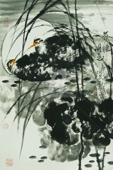 Painting titled "Lotus pond moonligh…" by Dayou Lu, Original Artwork, Pigments