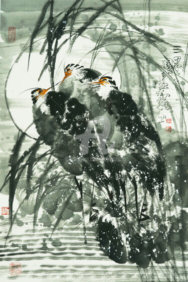 Painting titled "Three Herons 三思图  （…" by Dayou Lu, Original Artwork, Ink