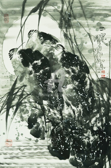 Peinture intitulée "Three Herons 三思图 （N…" par Dayou Lu, Œuvre d'art originale, Encre
