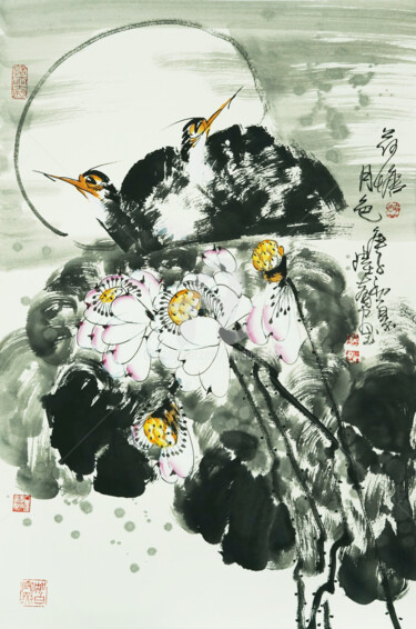 Painting titled "Lotus pond moonligh…" by Dayou Lu, Original Artwork, Ink