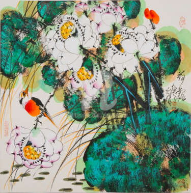 Peinture intitulée "Dew on the lotus 荷露…" par Dayou Lu, Œuvre d'art originale, Pigments