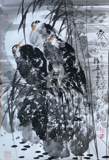 Картина под названием "Fun in the cold pon…" - Dayou Lu, Подлинное произведение искусства, Чернила