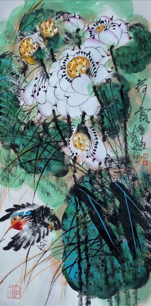 Peinture intitulée "Lotus pond and clea…" par Dayou Lu, Œuvre d'art originale, Pigments