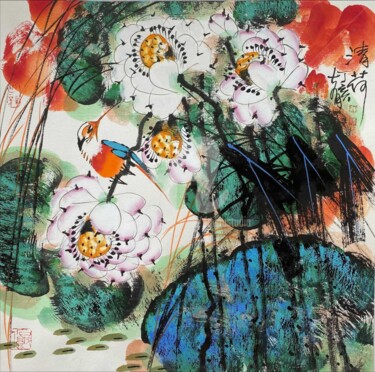 Painting titled "Fresh lotus pond 清荷…" by Dayou Lu, Original Artwork, Pigments