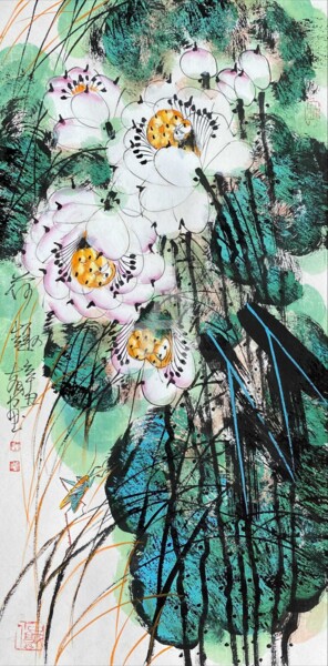 Painting titled "Fun in the lotus po…" by Dayou Lu, Original Artwork, Pigments