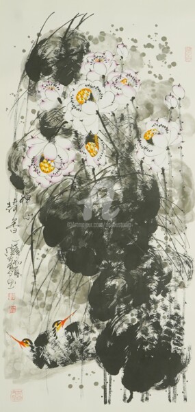 Painting titled "Fragrance of lotus…" by Dayou Lu, Original Artwork, Pigments