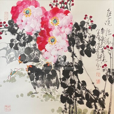 Painting titled "Fun in the garden 庭…" by Dayou Lu, Original Artwork, Pigments