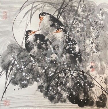 Peinture intitulée "Three Herons 三思图（No…" par Dayou Lu, Œuvre d'art originale, Pigments