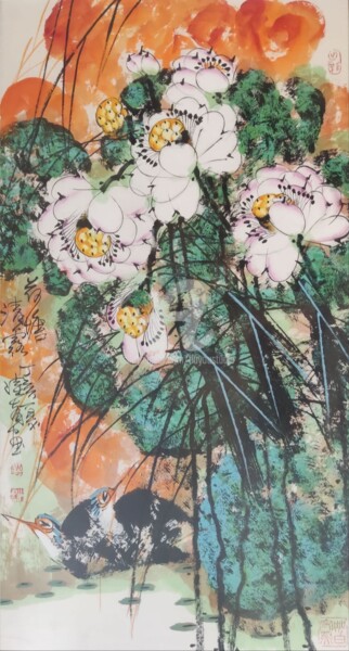 Painting titled "Lotus pond and clea…" by Dayou Lu, Original Artwork, Pigments