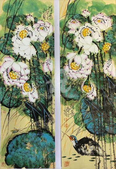 Картина под названием "Fragrance of lotus/…" - Dayou Lu, Подлинное произведение искусства, Пигменты