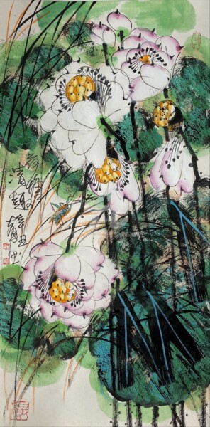 Pittura intitolato "Fun in the Lotus po…" da Dayou Lu, Opera d'arte originale, pigmenti