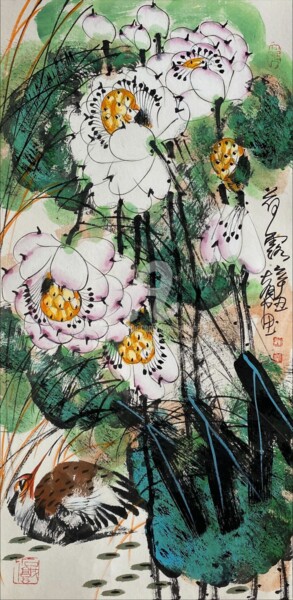 Painting titled "Lotus dew 荷露（No.187…" by Dayou Lu, Original Artwork, Pigments