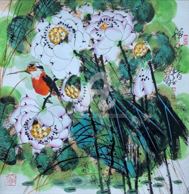 Painting titled "Sense the Lotus 禅心荷…" by Dayou Lu, Original Artwork, Pigments