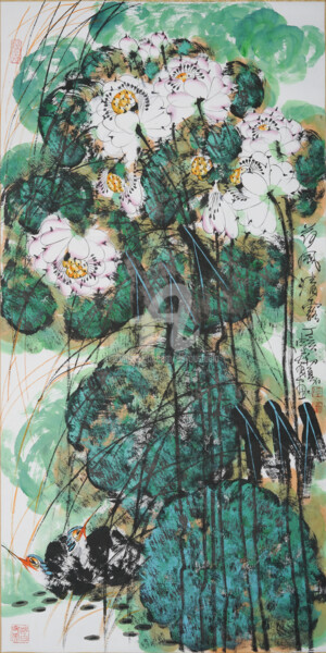 Pittura intitolato "Lotus pond clear de…" da Dayou Lu, Opera d'arte originale, pigmenti