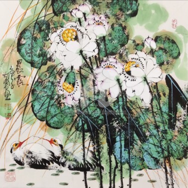 Malerei mit dem Titel "Morning in the lotu…" von Dayou Lu, Original-Kunstwerk, Pigmente