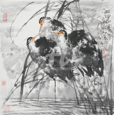 Peinture intitulée "Three Herons 三思图 （N…" par Dayou Lu, Œuvre d'art originale, Encre