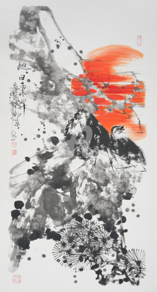 Картина под названием "Sun rise from the e…" - Dayou Lu, Подлинное произведение искусства, Пигменты