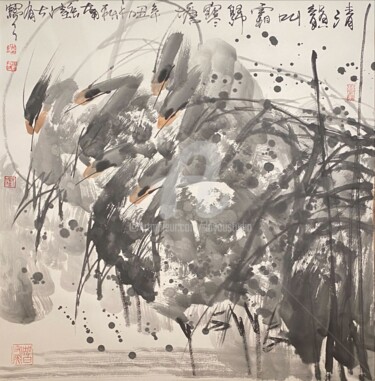 Painting titled "Cold pond 清韵叫霸归寒塘 （…" by Dayou Lu, Original Artwork, Pigments