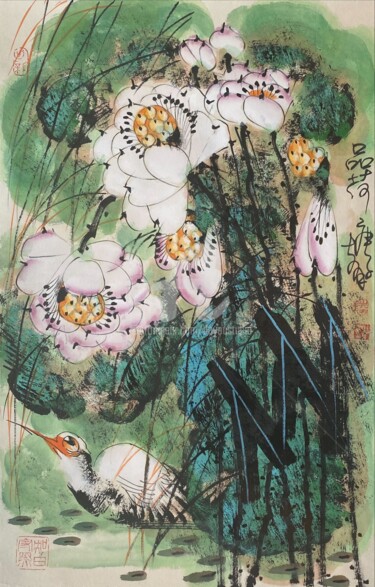 Painting titled "Sense the lotus 品荷…" by Dayou Lu, Original Artwork, Pigments