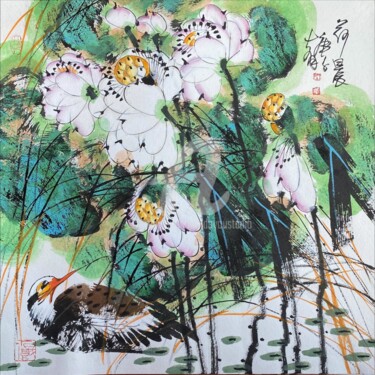 Painting titled "Morning in the lotu…" by Dayou Lu, Original Artwork, Pigments
