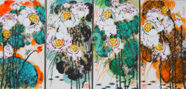 Painting titled "Lotus in all season…" by Dayou Lu, Original Artwork, Pigments