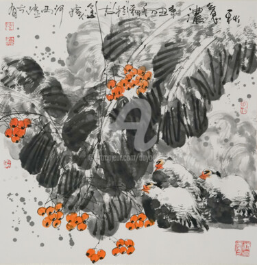 Pittura intitolato "Feeling of autumn 秋…" da Dayou Lu, Opera d'arte originale, pigmenti