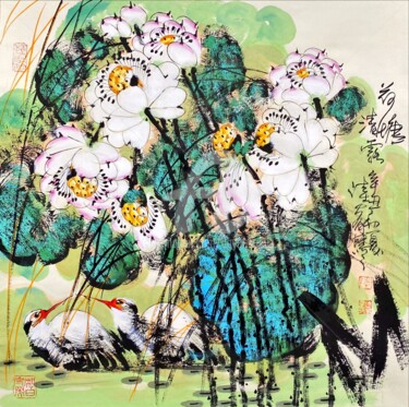 Pittura intitolato "Lotus pond and clea…" da Dayou Lu, Opera d'arte originale, pigmenti