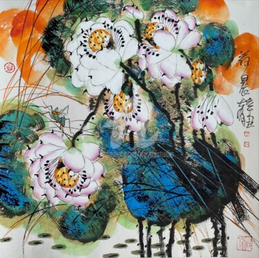 Painting titled "Morning in the lotu…" by Dayou Lu, Original Artwork, Pigments
