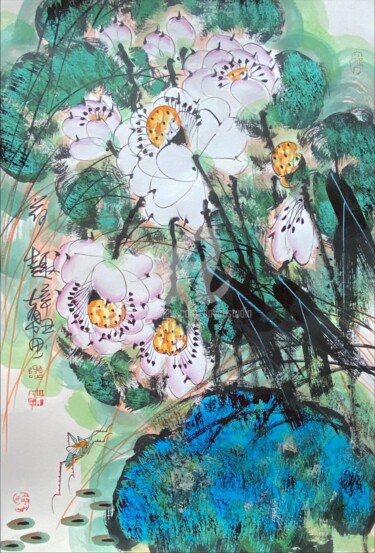 Картина под названием "Fun in the lotus po…" - Dayou Lu, Подлинное произведение искусства, Чернила