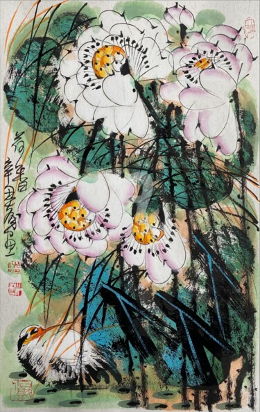 Painting titled "Fragrance of lotus…" by Dayou Lu, Original Artwork, Pigments