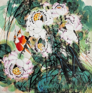 Peinture intitulée "Lotus dew 荷露 （No.16…" par Dayou Lu, Œuvre d'art originale, Pigments