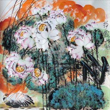 Painting titled "Lotus dew 荷露 （No.16…" by Dayou Lu, Original Artwork, Pigments