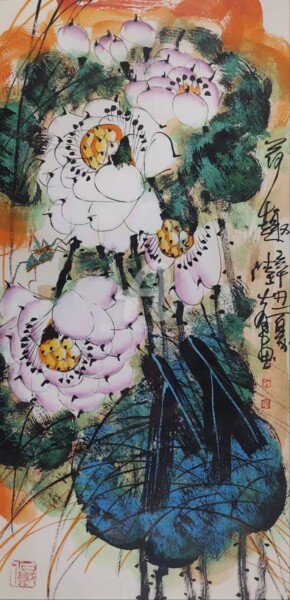 Painting titled "Fun in the lotus po…" by Dayou Lu, Original Artwork, Pigments