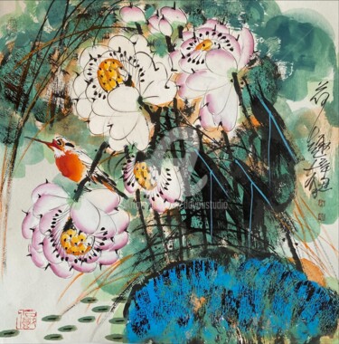 Painting titled "Fun in the lotus po…" by Dayou Lu, Original Artwork, Pigments