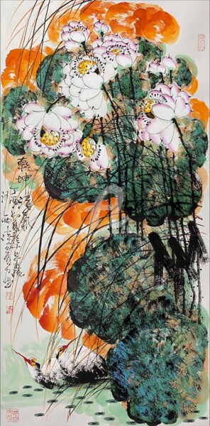 Painting titled "Fragrance of lotus…" by Dayou Lu, Original Artwork, Pigments