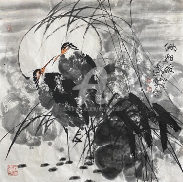 Painting titled "Loverly couple 俩相依…" by Dayou Lu, Original Artwork, Pigments