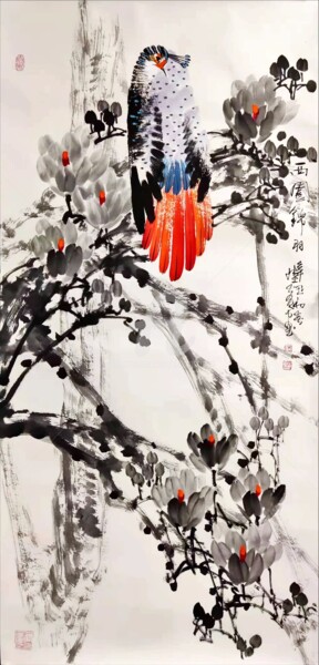 Painting titled "Beautiful feather i…" by Dayou Lu, Original Artwork, Pigments