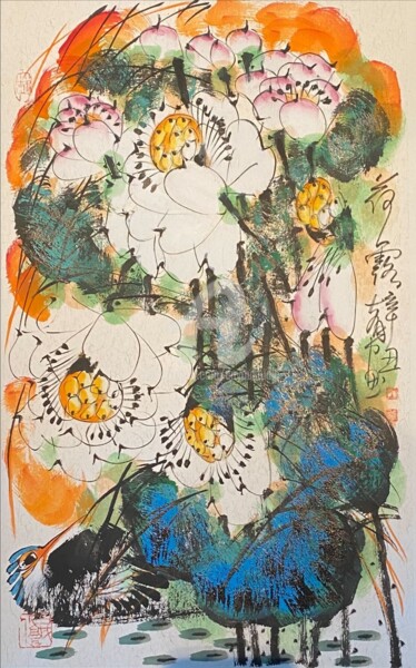 Painting titled "Lotus dew 荷露 （No.16…" by Dayou Lu, Original Artwork, Pigments