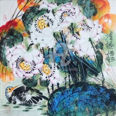 Painting titled "Fun in the Lotus po…" by Dayou Lu, Original Artwork, Pigments