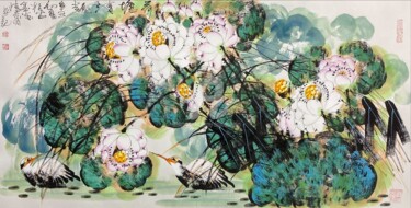 Painting titled "Fun in the lotus po…" by Dayou Lu, Original Artwork, Pigments