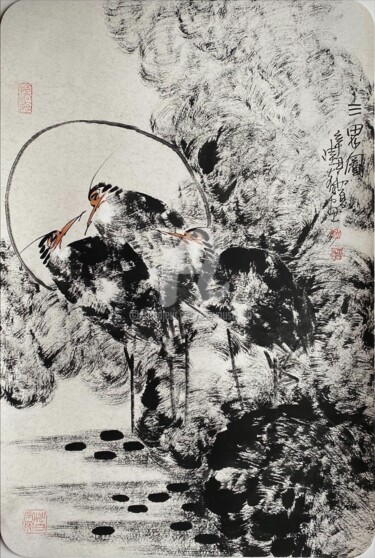 Pittura intitolato "Three Herons 三思图 （N…" da Dayou Lu, Opera d'arte originale, pigmenti
