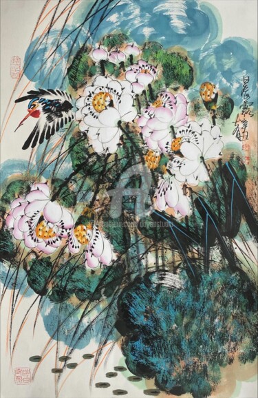 Pintura intitulada "Lotus dew 晨露 （No.16…" por Dayou Lu, Obras de arte originais, Pigmentos
